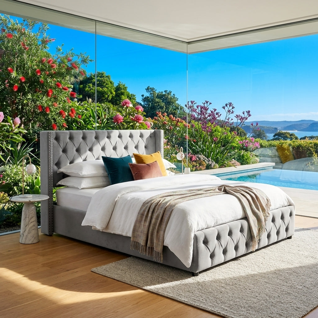 Audreamy Verona Ottoman Bed Grey Velvet King Size