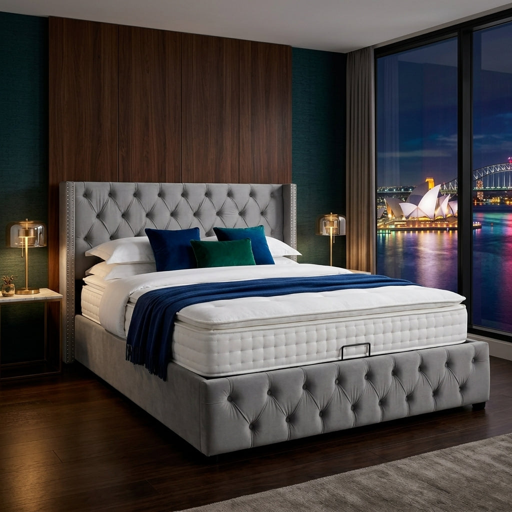 Audreamy Verona Ottoman Bed Grey Velvet King Size