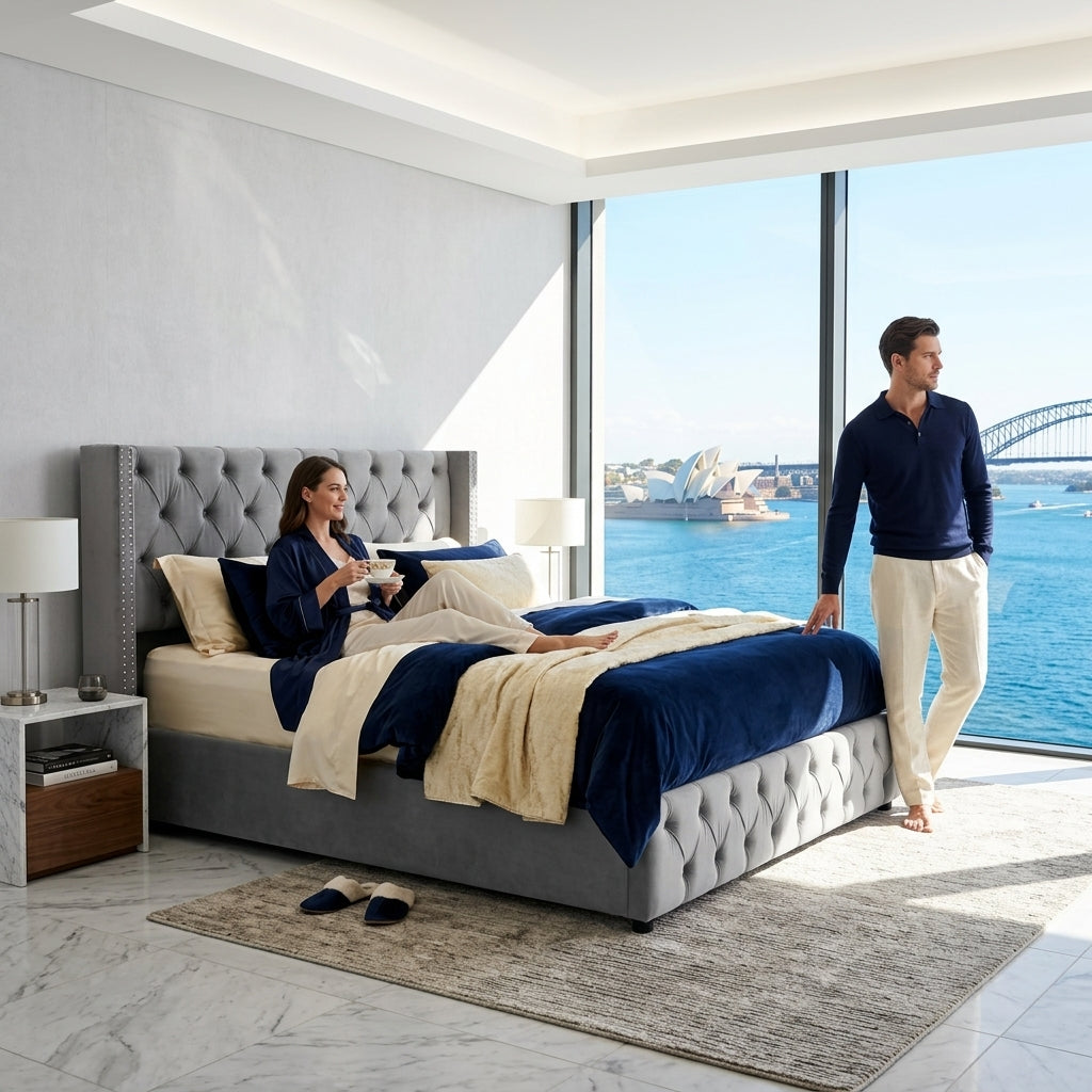 Audreamy Verona Ottoman Bed Grey Velvet King Size