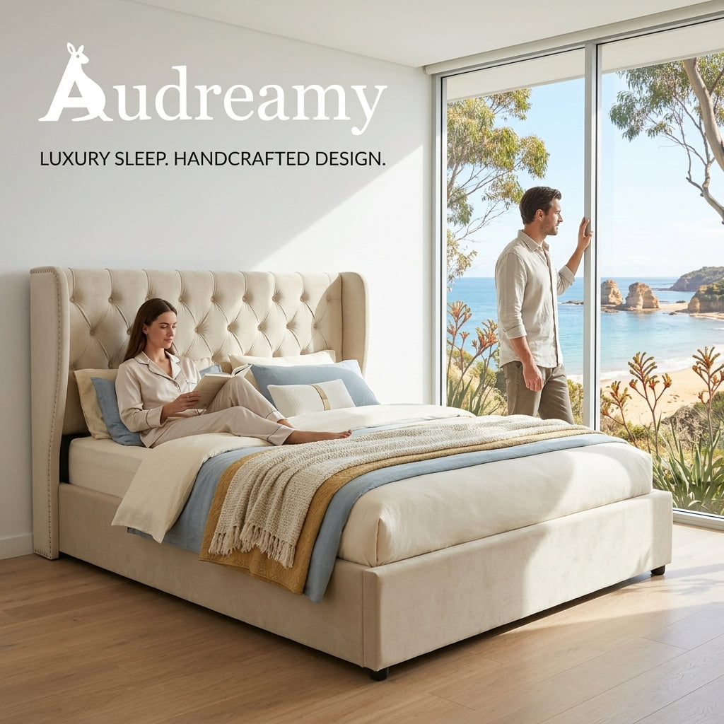 Audreamy Veronana Ottoman Storage Bed Beige Velvet Double