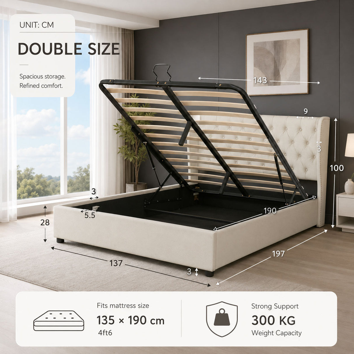 Audreamy Veronana Ottoman Storage Bed Beige Velvet Double