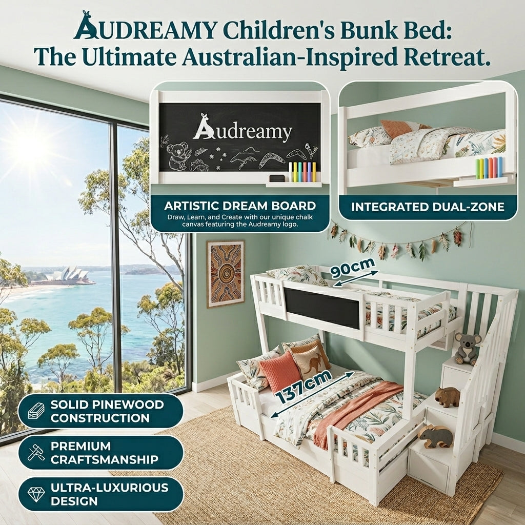 Audreamy Nimby Bunk Bed with Chalkboard for Kids White Wooden