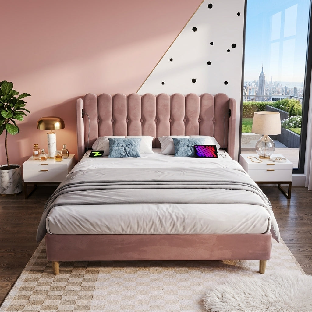 Audreamy Aria Bed Frame Pink Velvet