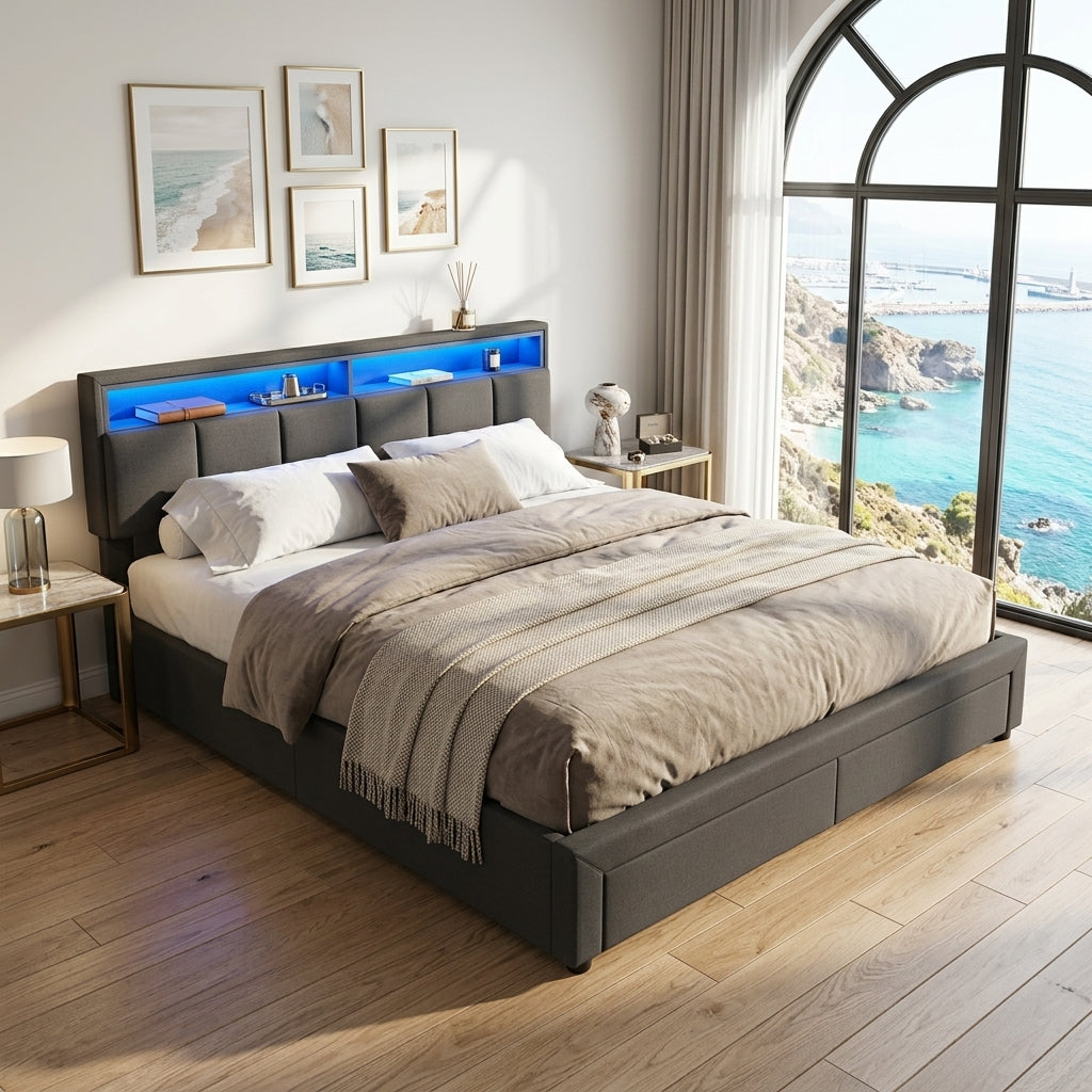 Upholstered bed with LED lighting Grey Linen