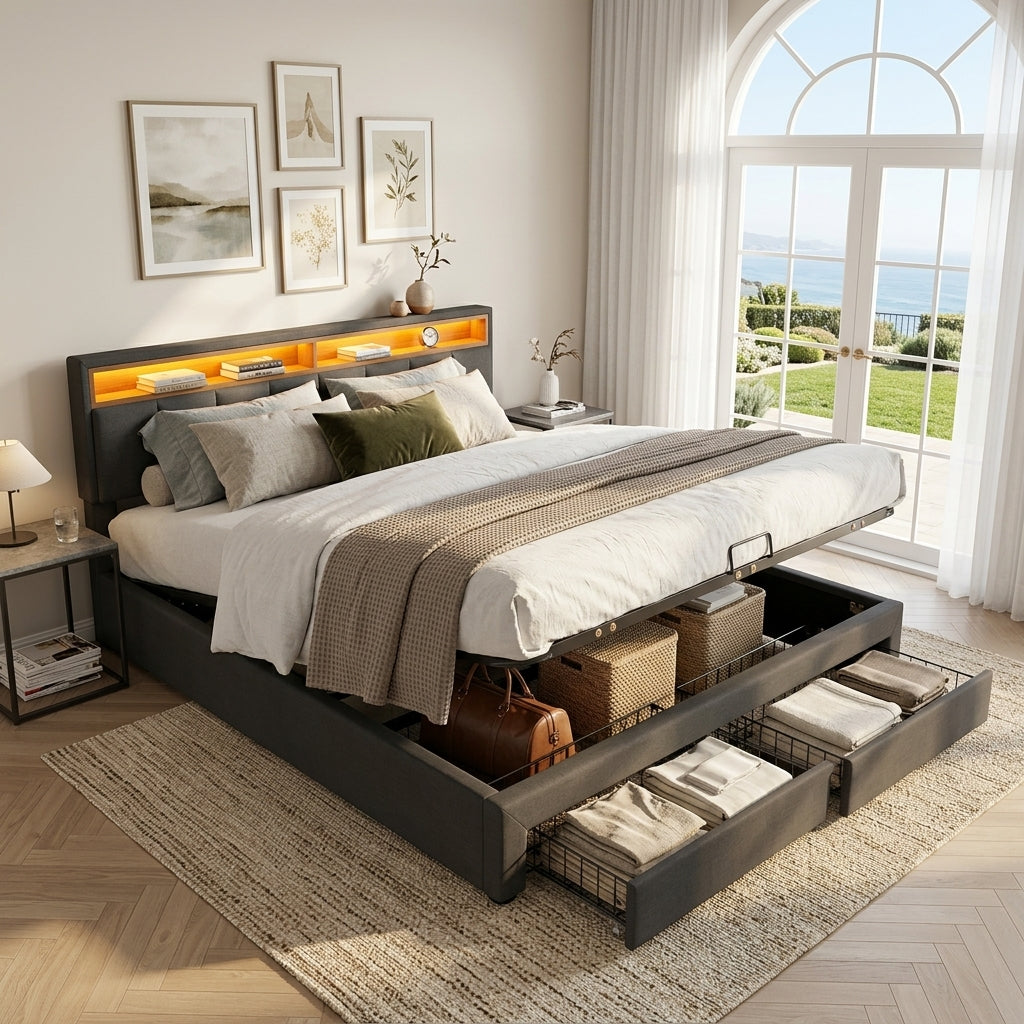 Upholstered bed with LED lighting Grey Linen