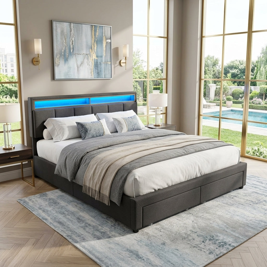 Upholstered bed with LED lighting Grey Linen