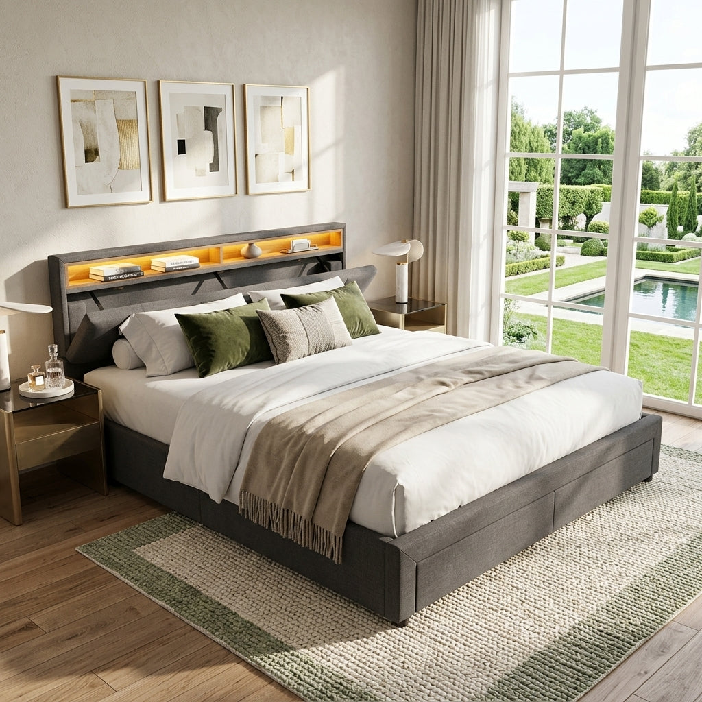 Upholstered bed with LED lighting Grey Linen