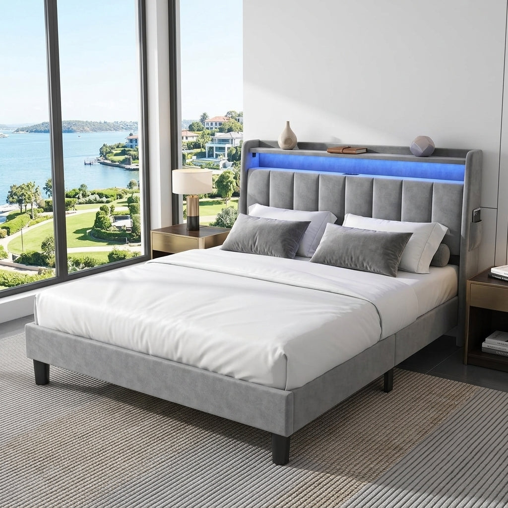 Upholstered Bed Bed Frame Grey Velvet
