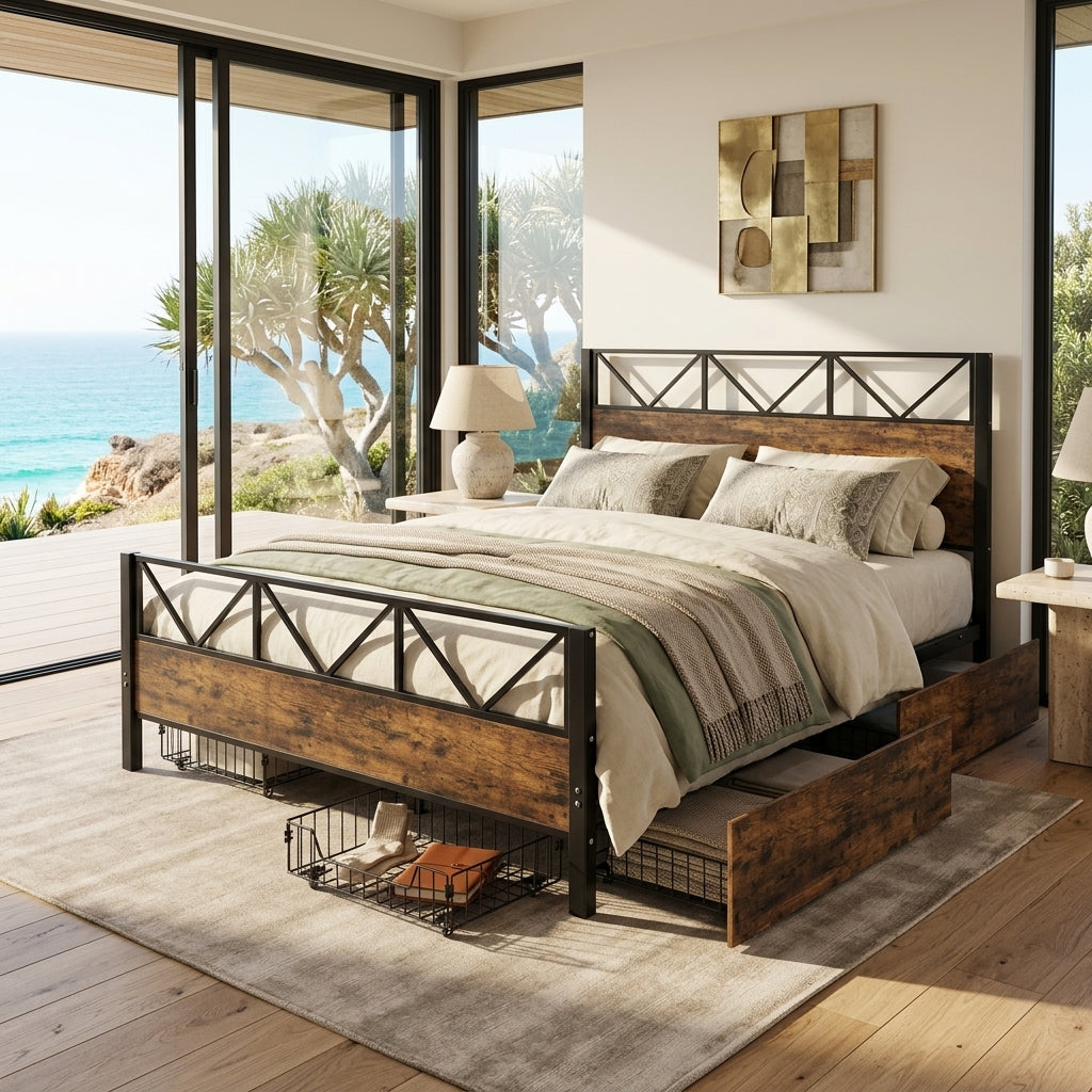 Metal Bed Iron bed, Black+Wood