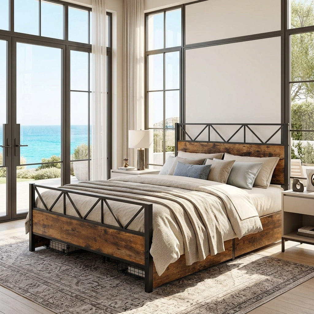 Metal Bed Iron bed, Black+Wood