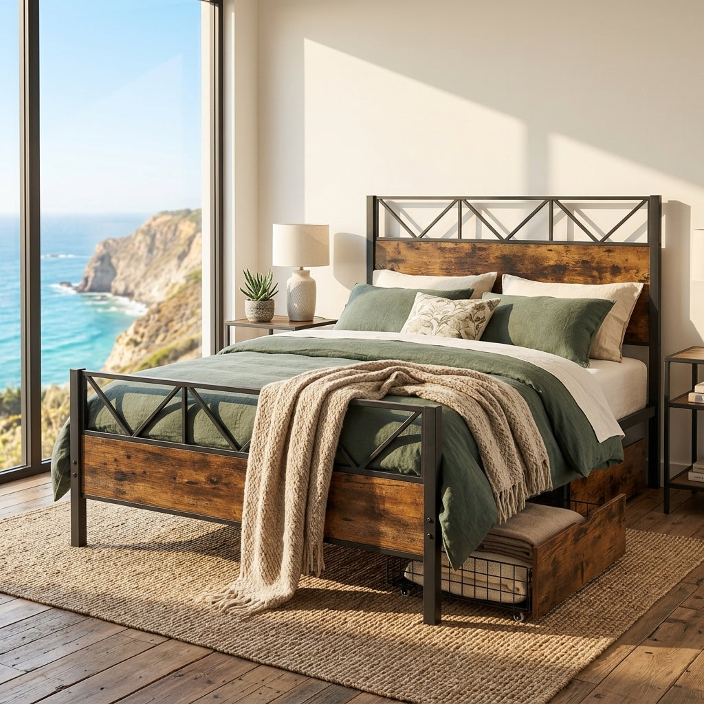 Metal Bed Iron bed, Black+Wood