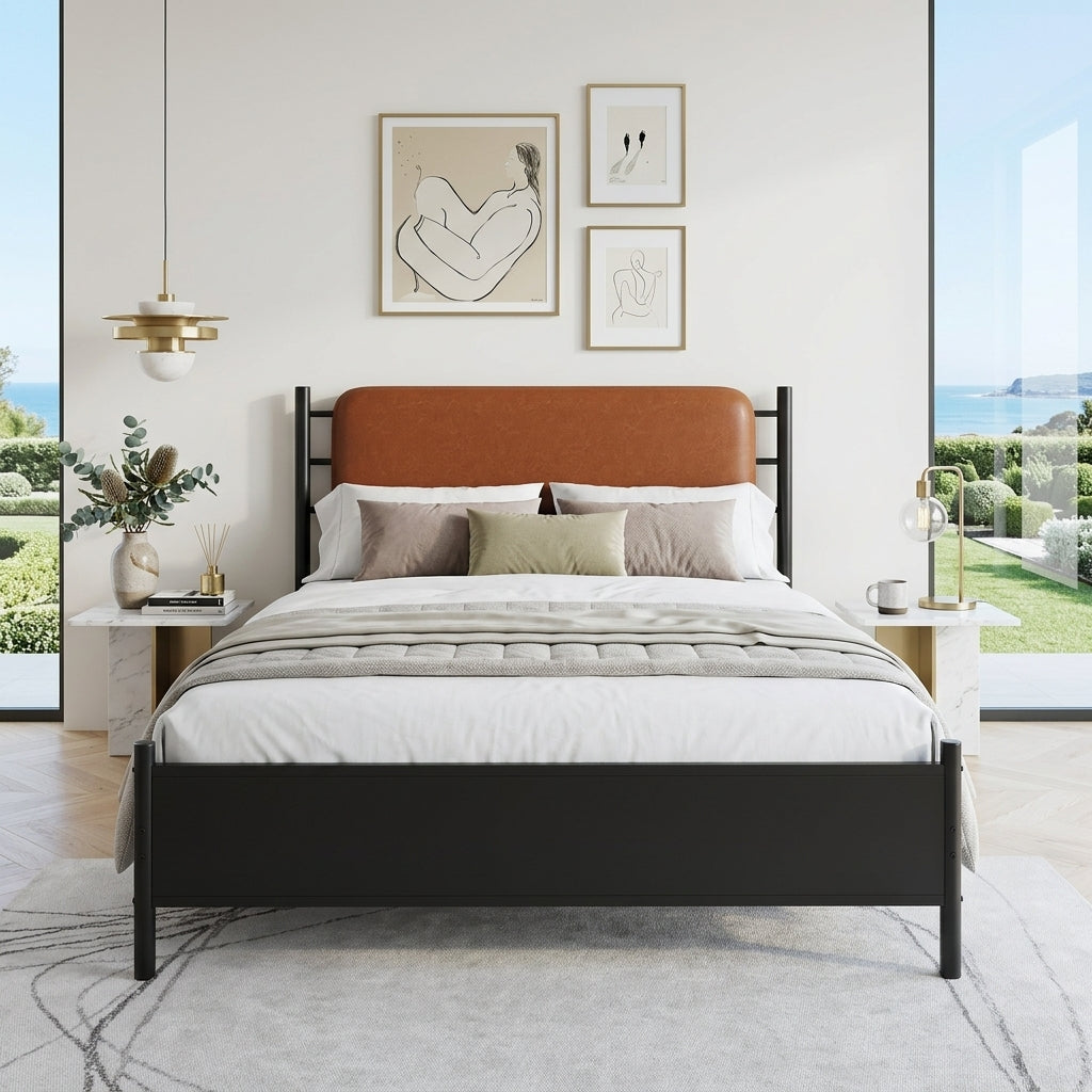 Metal bed, With a PU-upholstered headboard, Black Iron+PU