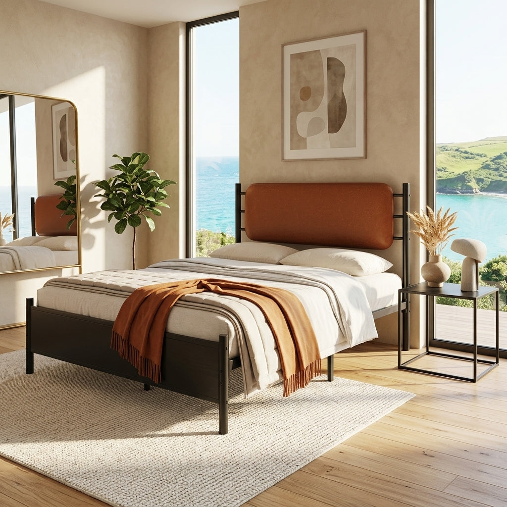 Metal bed, With a PU-upholstered headboard, Black Iron+PU