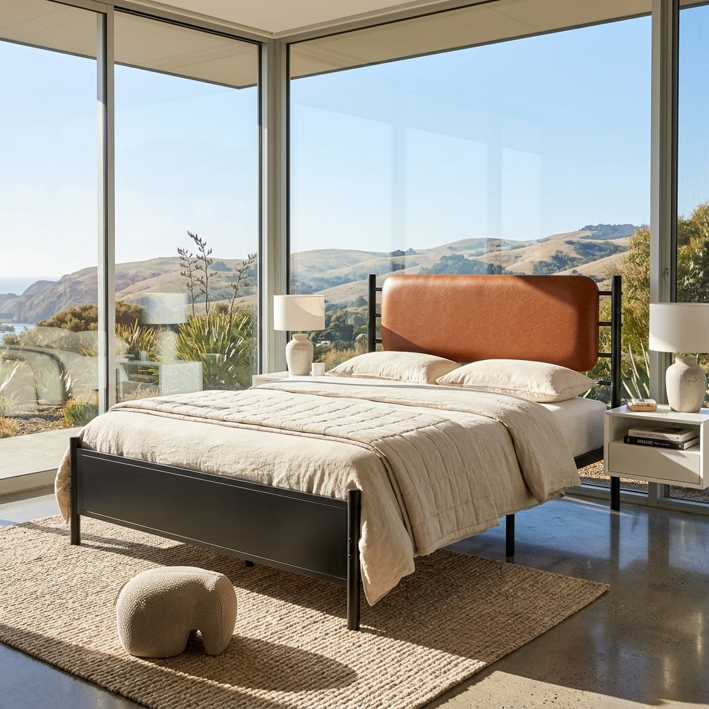 Metal bed, With a PU-upholstered headboard, Black Iron+PU