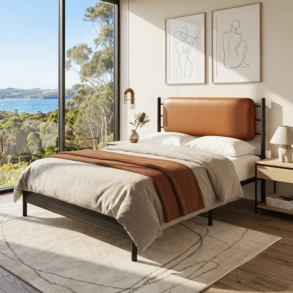 Metal bed, With a PU-upholstered headboard, Black Iron+PU