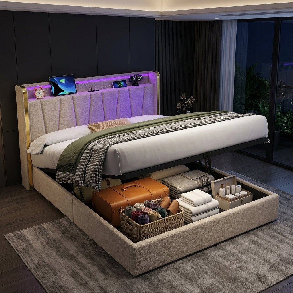 Upholstered Bed Frame with Hydraulic Storage, Ottoman Bed Beige Linen