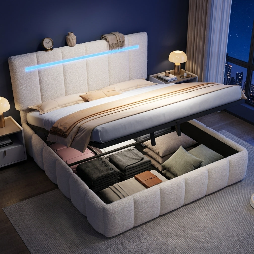 Upholstered Bed Frame with Hydraulic Storage, Ottoman Bed Beige