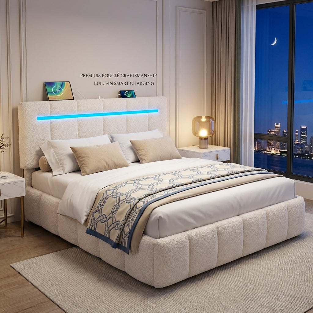 Upholstered Bed Frame with Hydraulic Storage, Ottoman Bed Beige