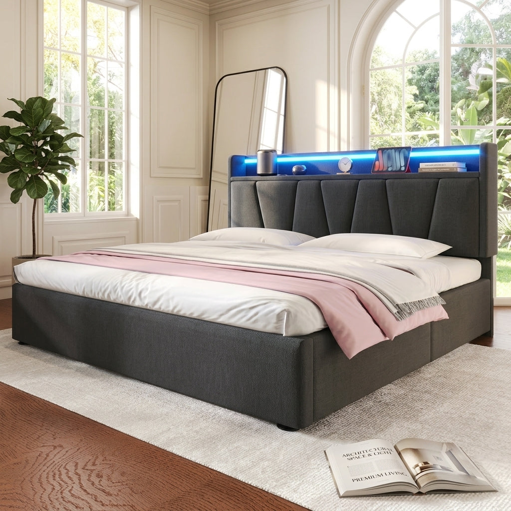 Upholstered Bed with USB charging function Ottoman Bed Grey