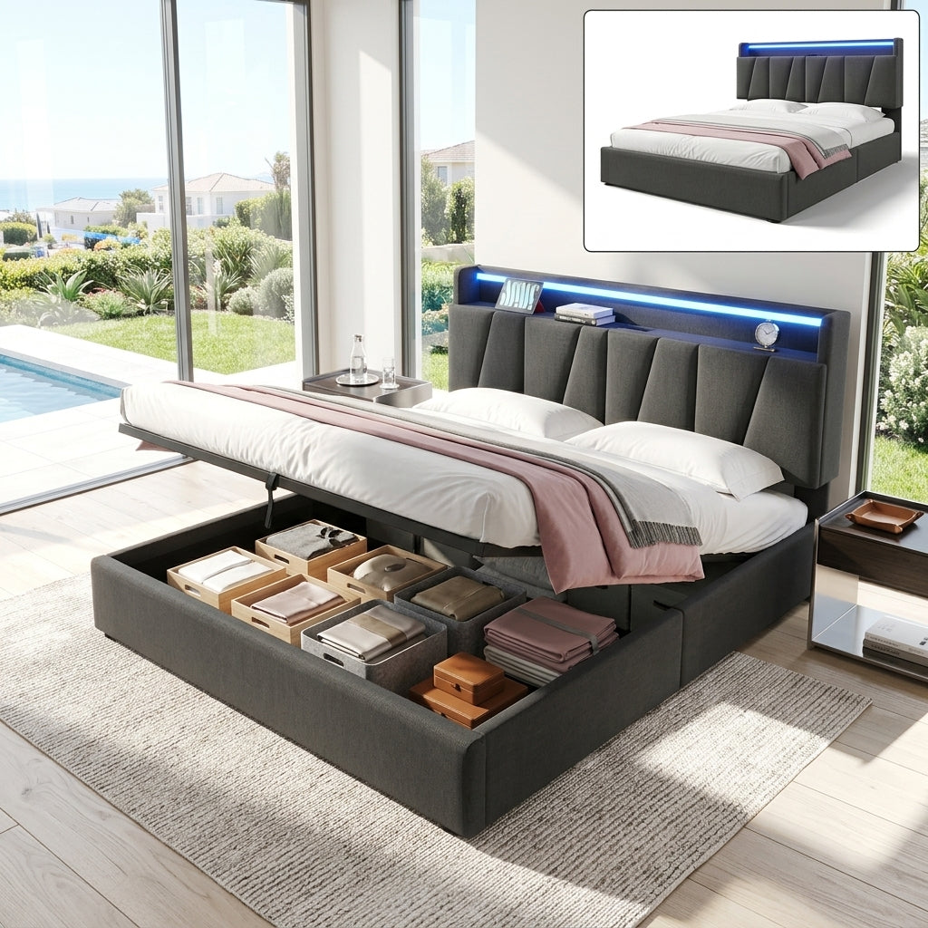Upholstered Bed with USB charging function Ottoman Bed Grey