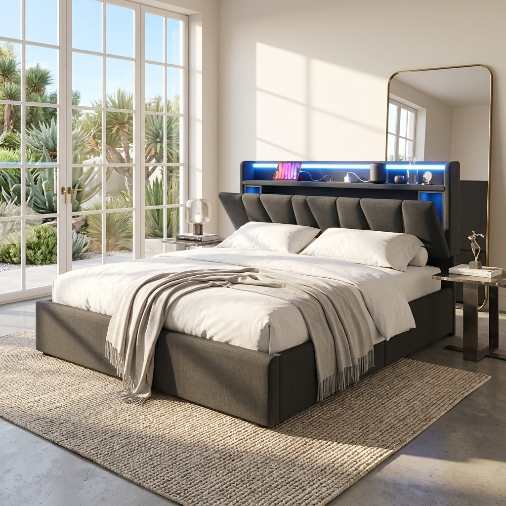 Upholstered Bed with USB charging function Ottoman Bed Grey