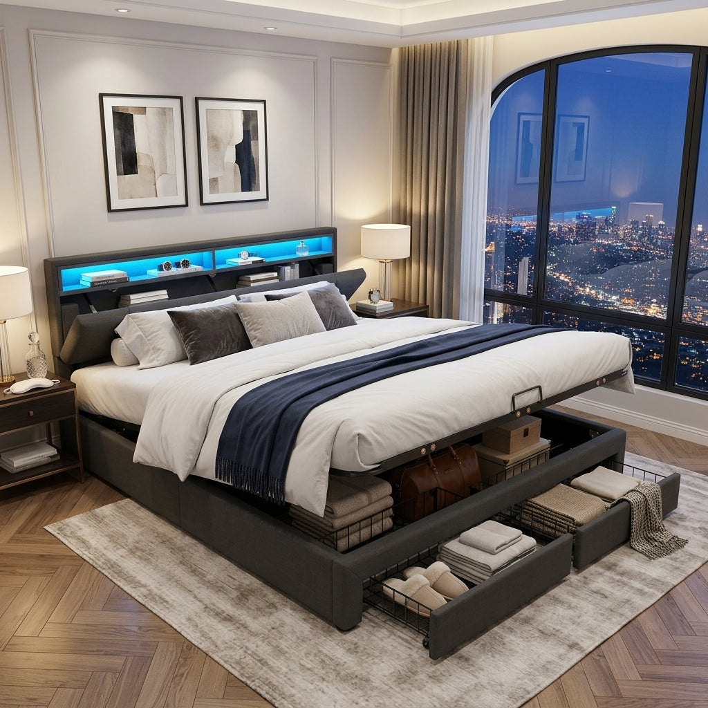Upholstered bed with LED lighting Grey Linen