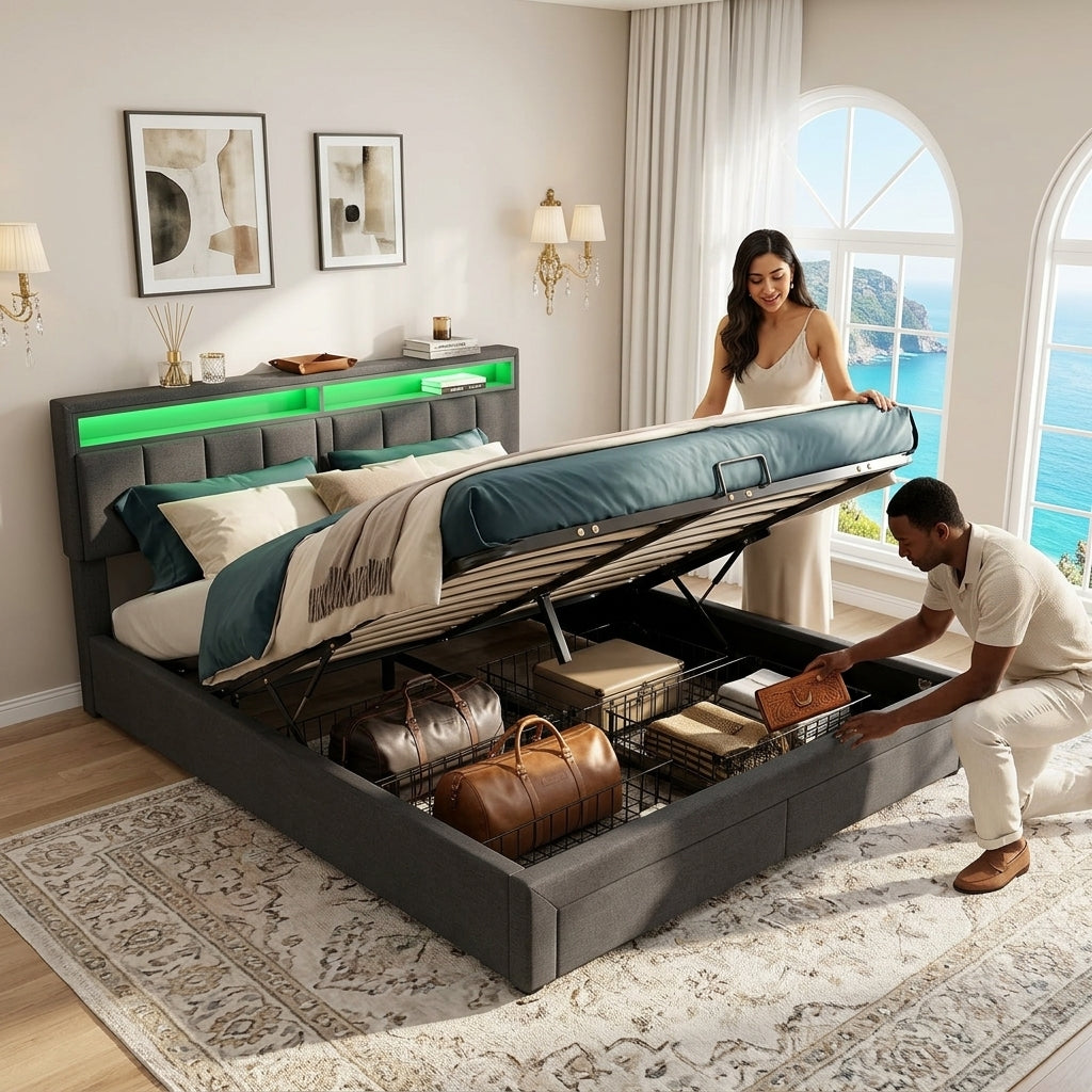 Upholstered bed with LED lighting Grey Linen