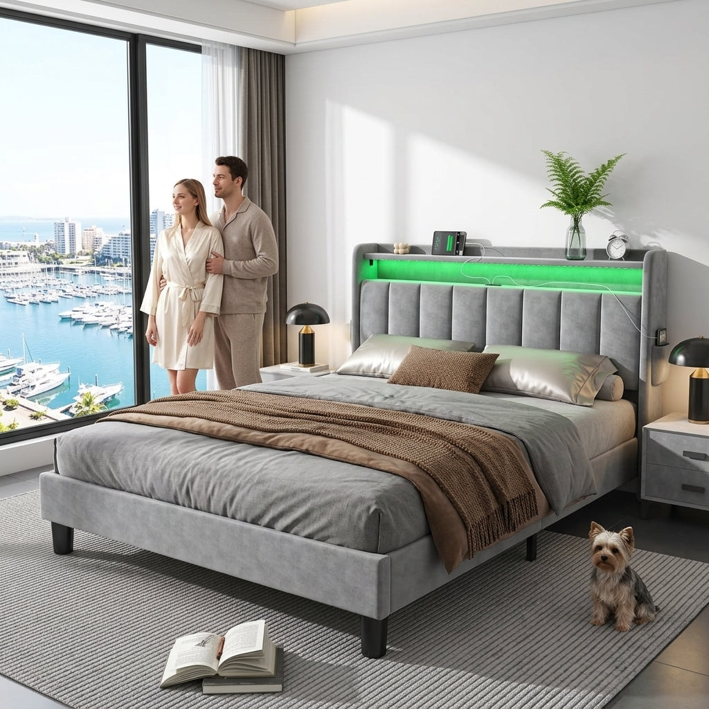 Upholstered Bed Bed Frame Grey Velvet