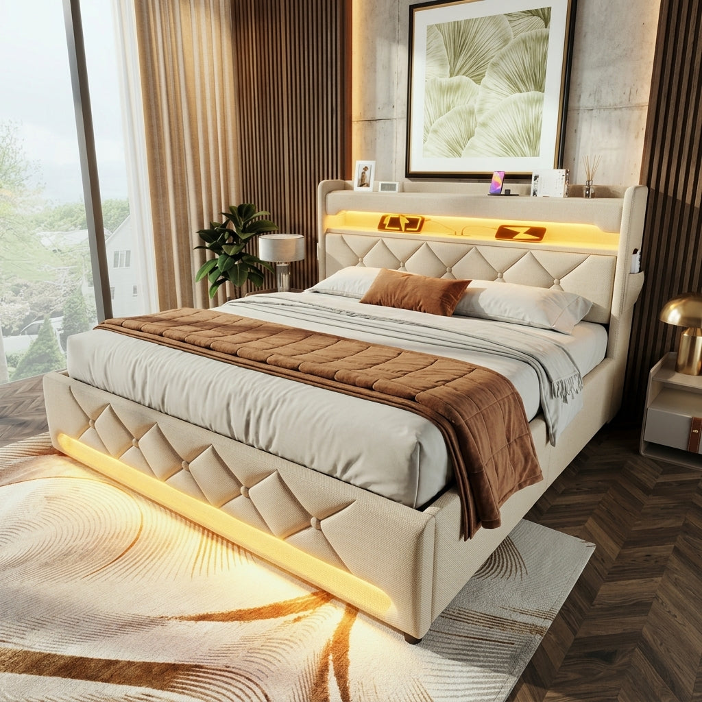 Audreamy Lancaster Ottoman Bed Beige Linen