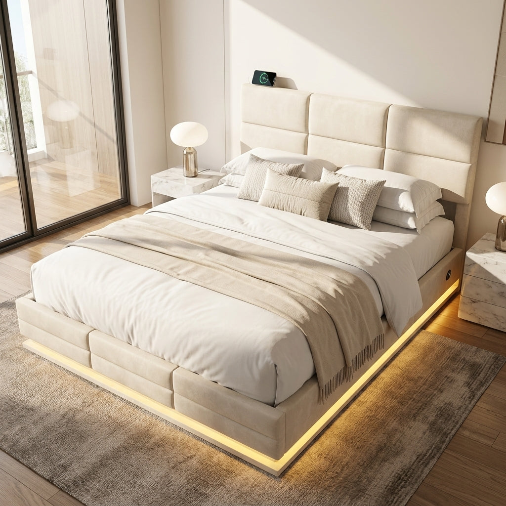 Audreamy Orion Ottoman Bed Beige Velvet