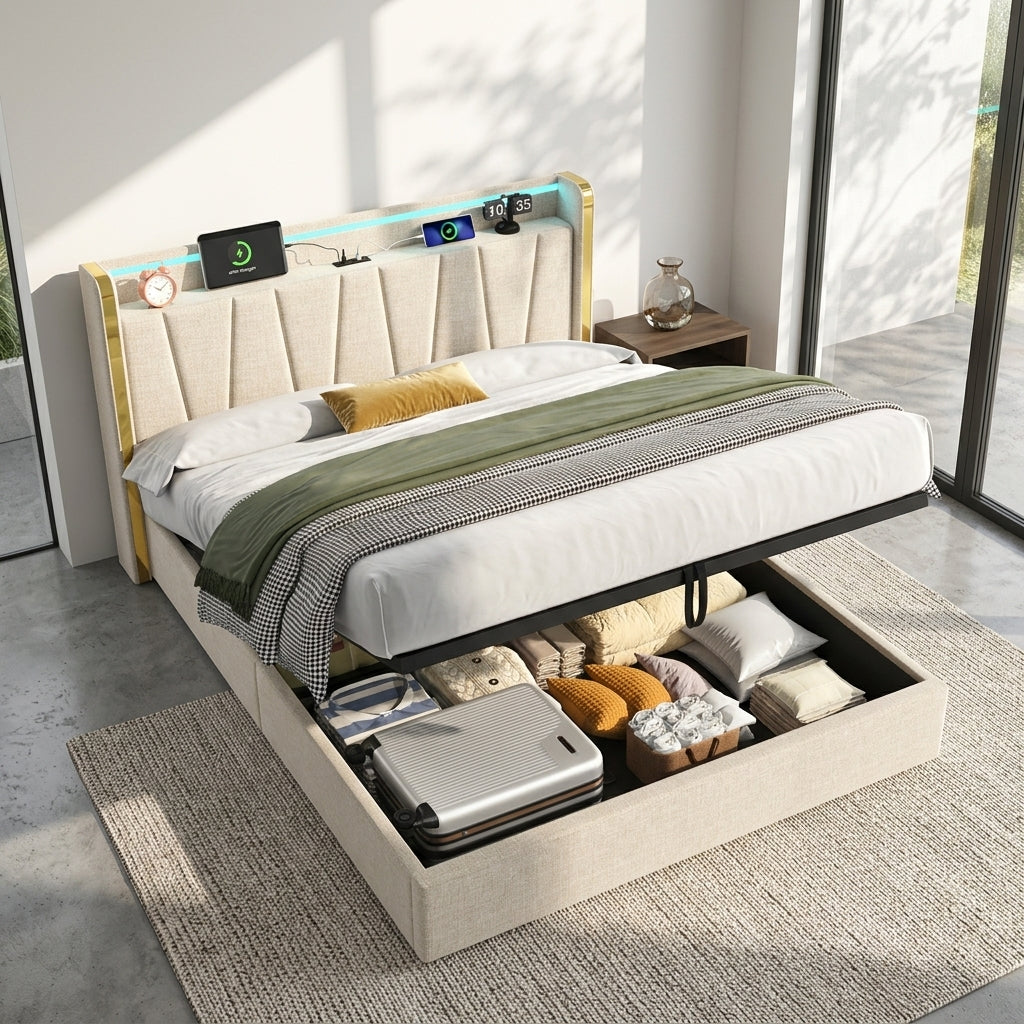 Upholstered Bed Frame with Hydraulic Storage, Ottoman Bed Beige Linen