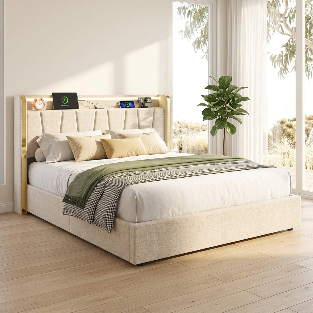 Upholstered Bed Frame with Hydraulic Storage, Ottoman Bed Beige Linen