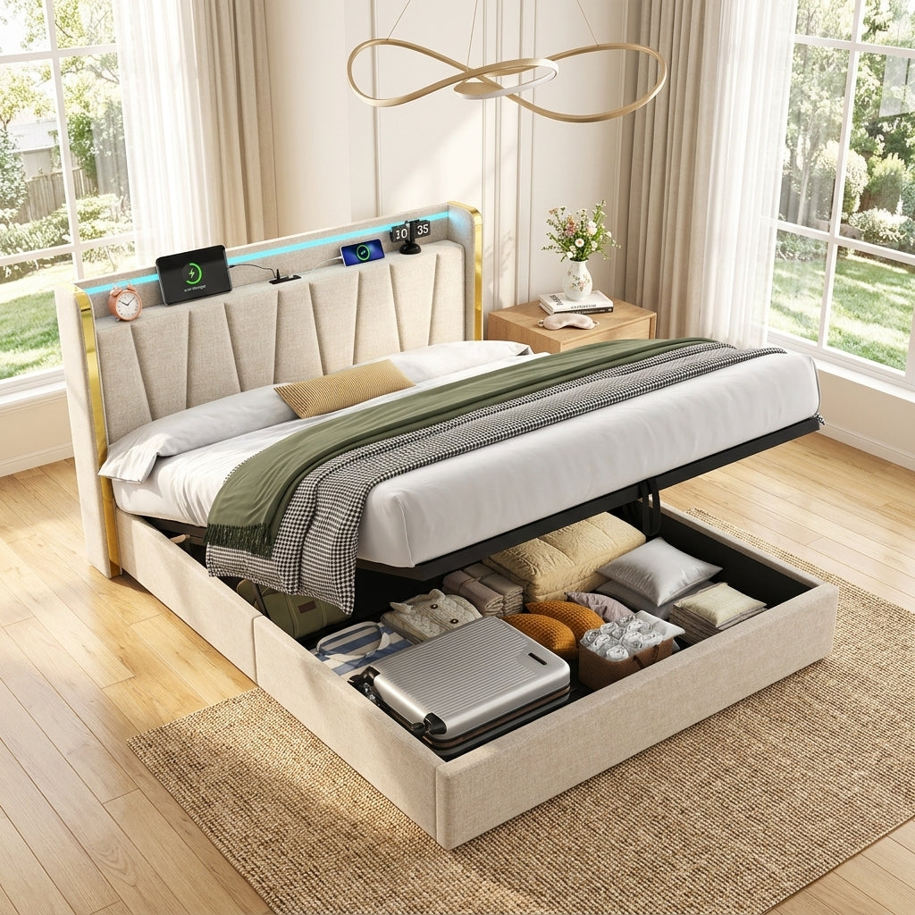 Upholstered Bed Frame with Hydraulic Storage, Ottoman Bed Beige Linen