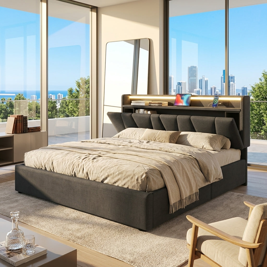 Upholstered Bed with USB charging function Ottoman Bed Grey
