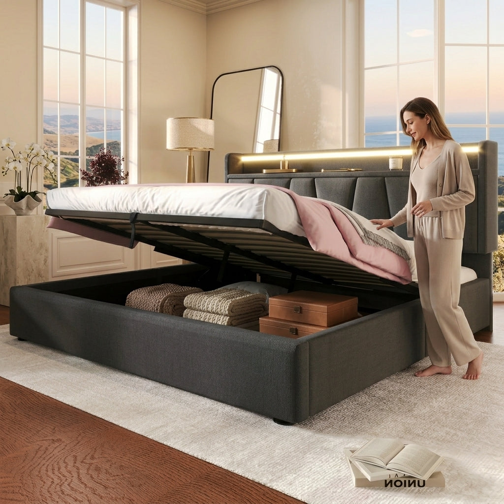 Upholstered Bed with USB charging function Ottoman Bed Grey