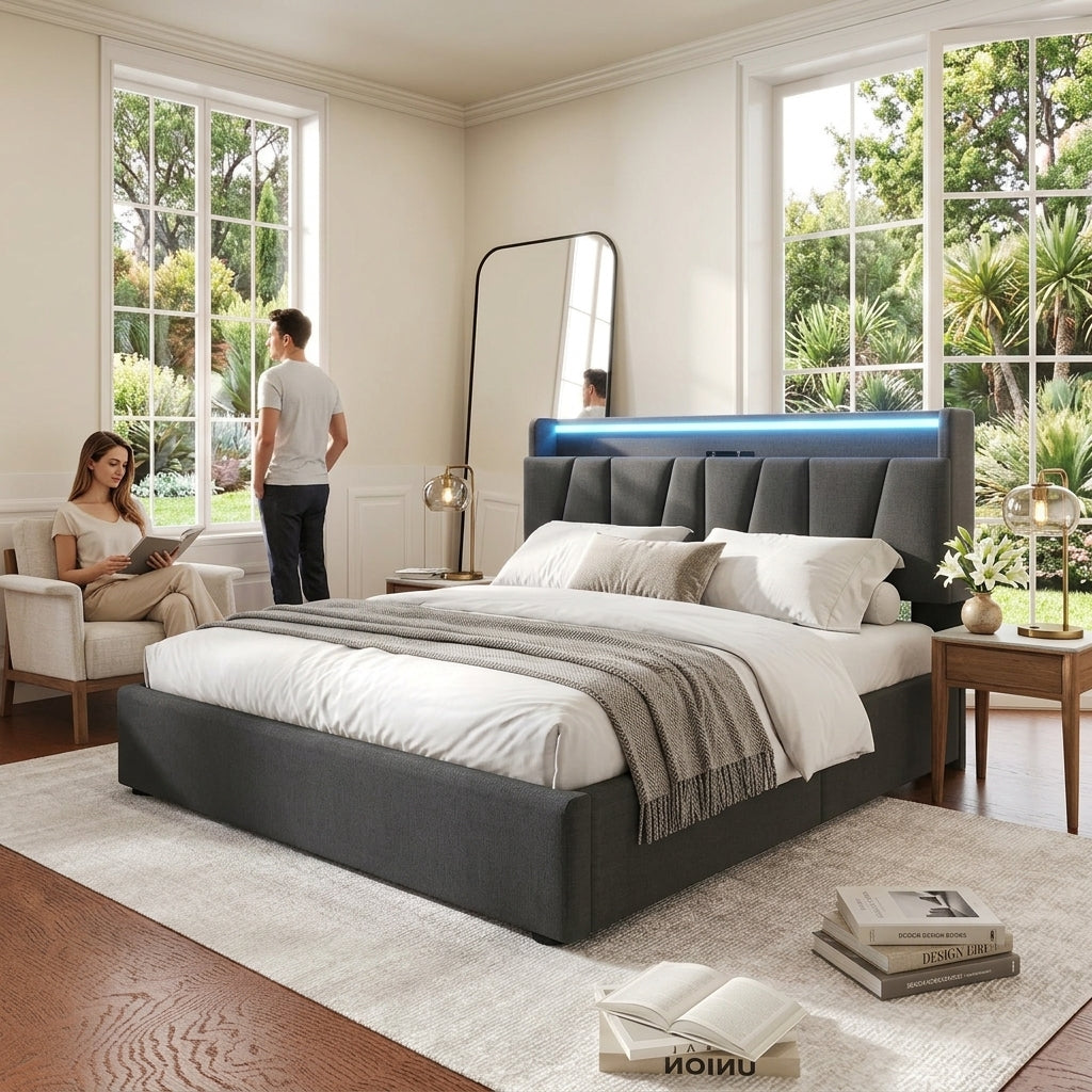 Upholstered Bed with USB charging function Ottoman Bed Grey