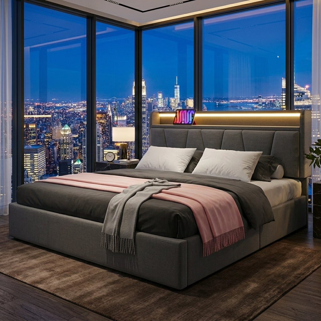 Upholstered Bed with USB charging function Ottoman Bed Grey
