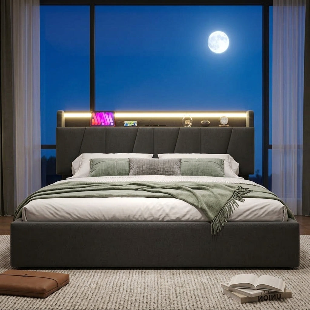 Upholstered Bed with USB charging function Ottoman Bed Grey