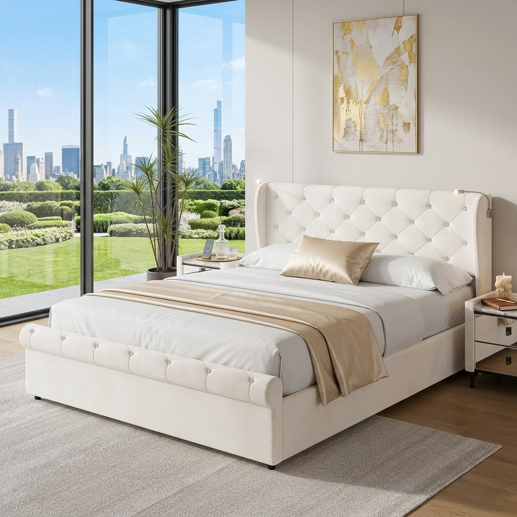 Audreamy Theo Ottoman Bed Beige Velvet