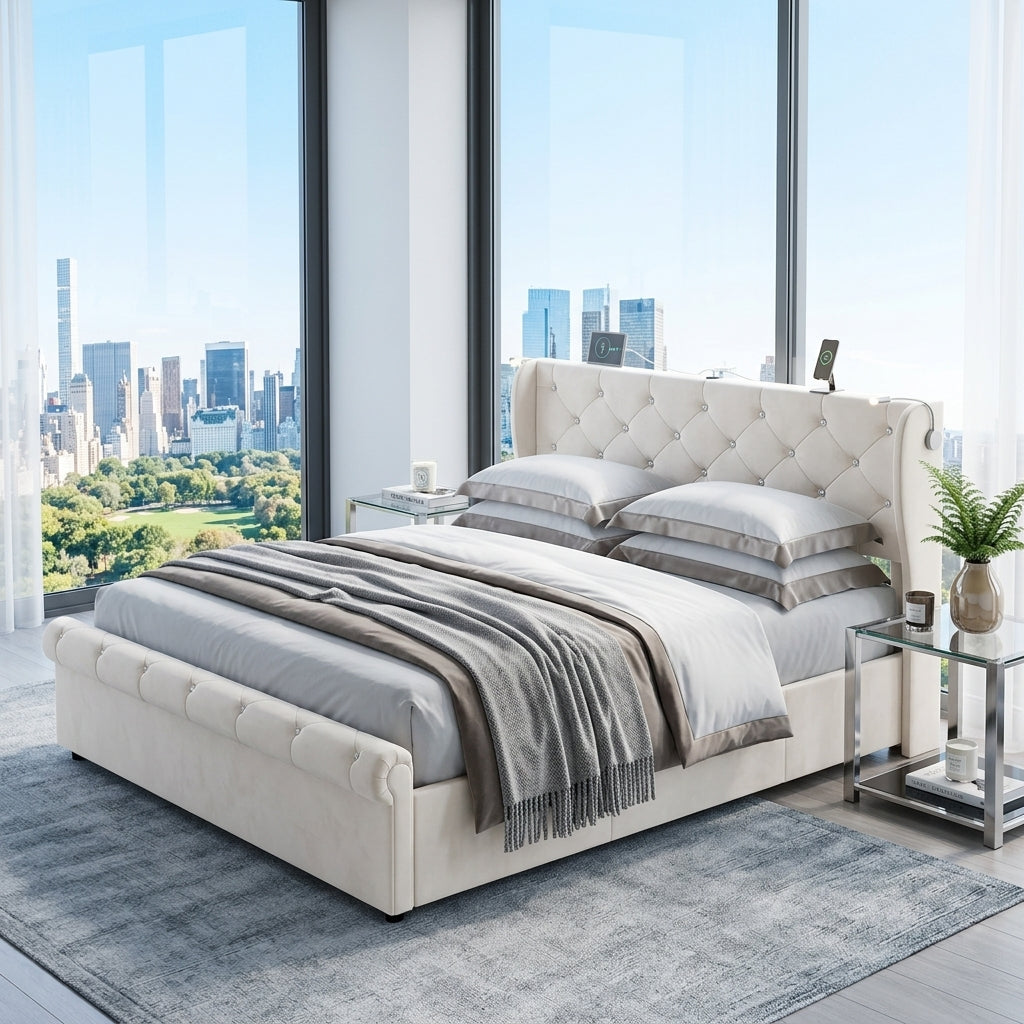 Audreamy Theo Ottoman Bed Beige Velvet