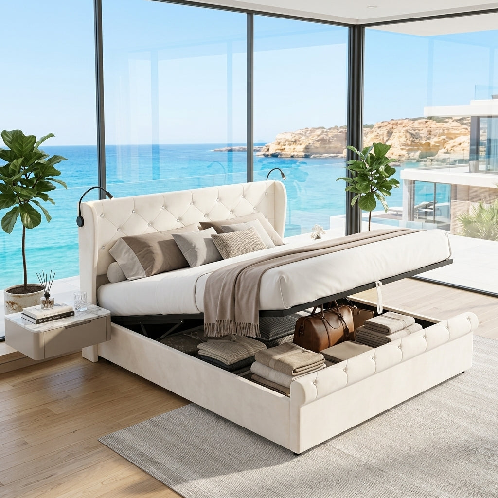 Audreamy Theo Ottoman Bed Beige Velvet