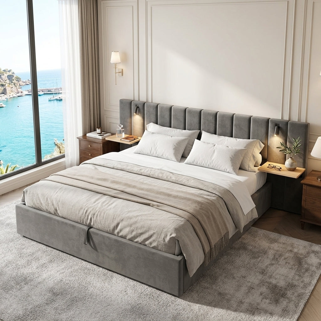 Hydraulic Storage Bed Ottoman Bed Grey Velvet