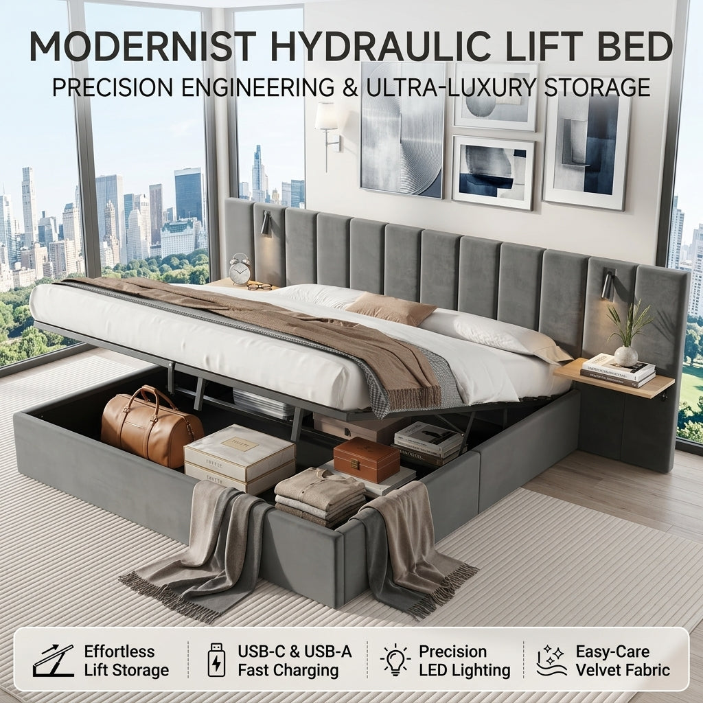 Hydraulic Storage Bed Ottoman Bed Grey Velvet