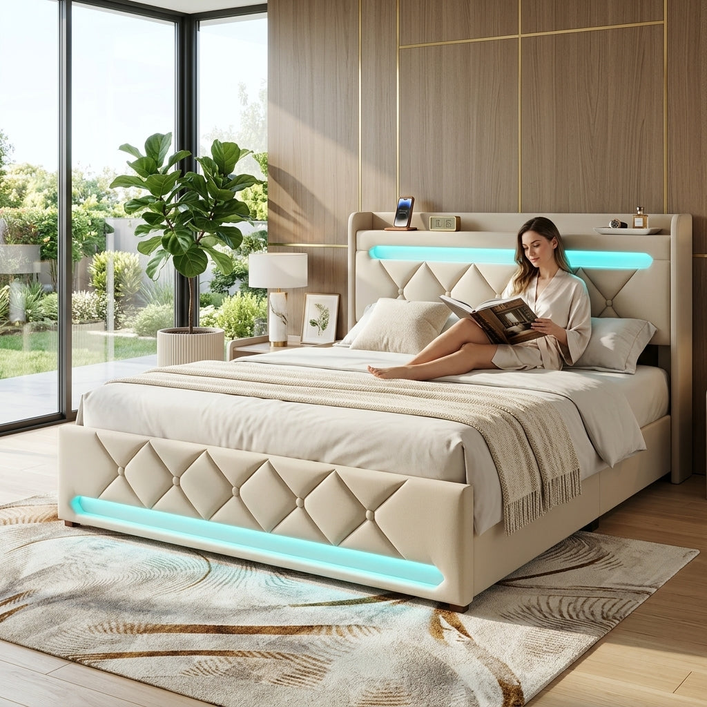 Audreamy Lancaster Ottoman Bed Beige Linen