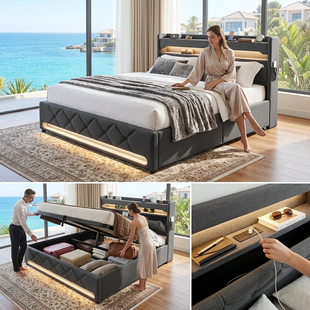 Audreamy Lancaster Ottoman Bed Grey Linen