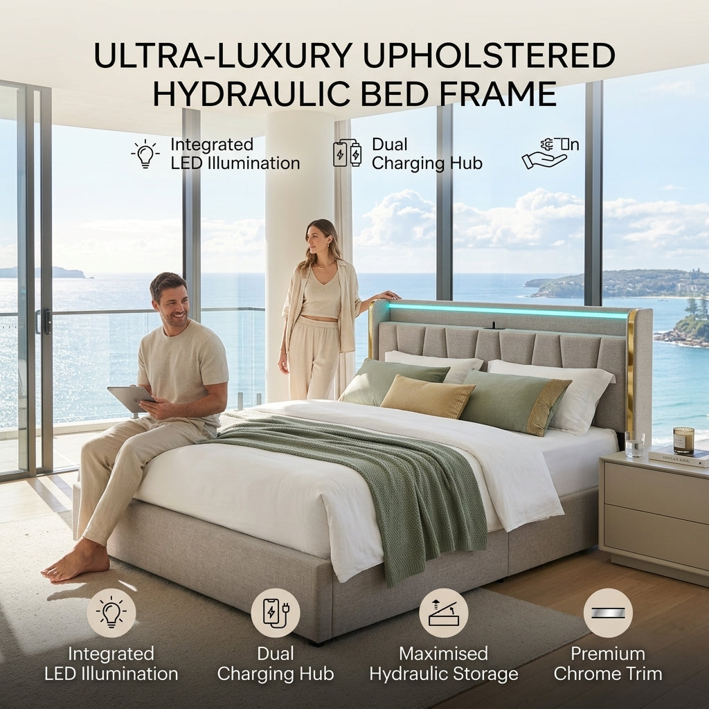Upholstered Bed Frame with Hydraulic Storage, Ottoman Bed Beige Linen