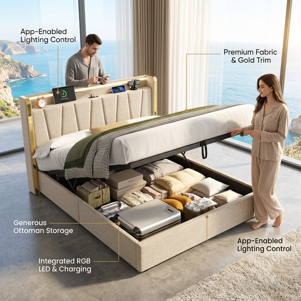 Upholstered Bed Frame with Hydraulic Storage, Ottoman Bed Beige Linen