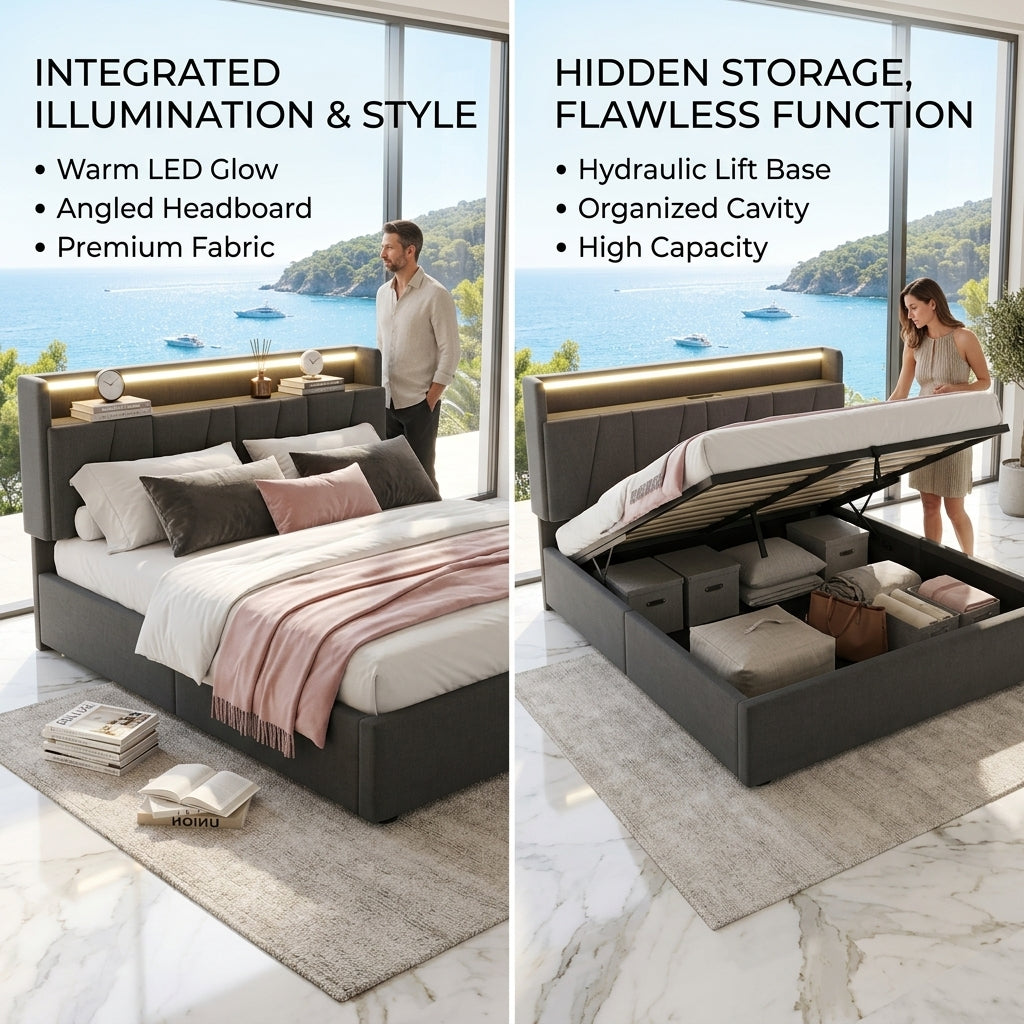 Upholstered Bed with USB charging function Ottoman Bed Grey