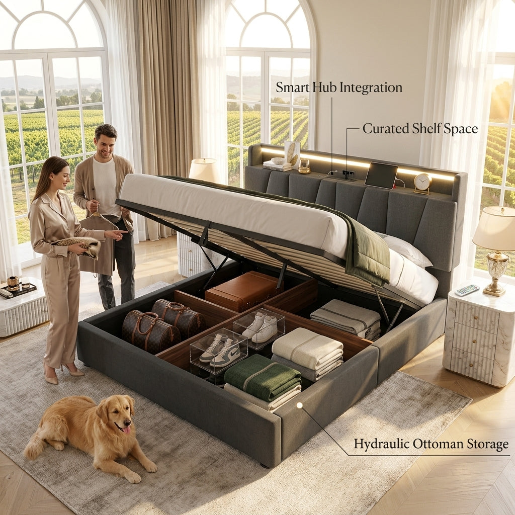 Upholstered Bed with USB charging function Ottoman Bed Grey