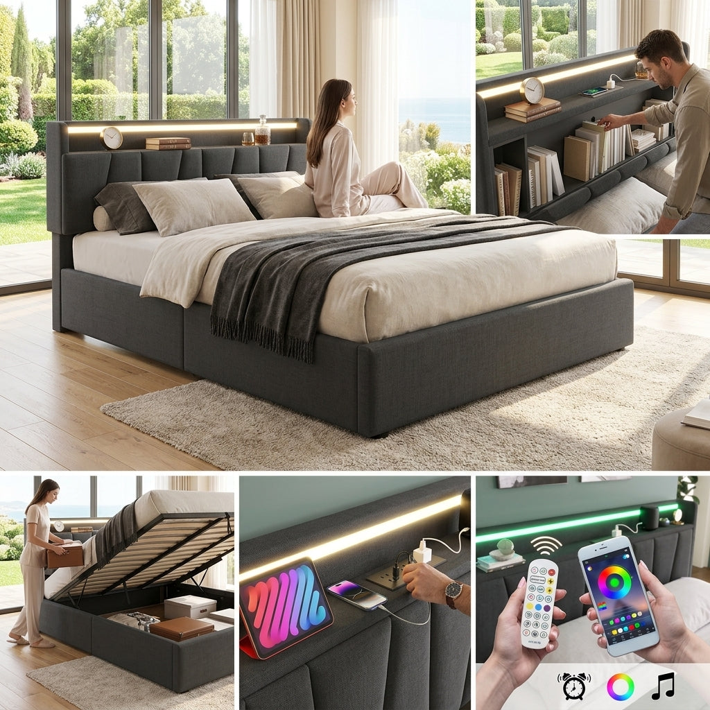 Upholstered Bed with USB charging function Ottoman Bed Grey